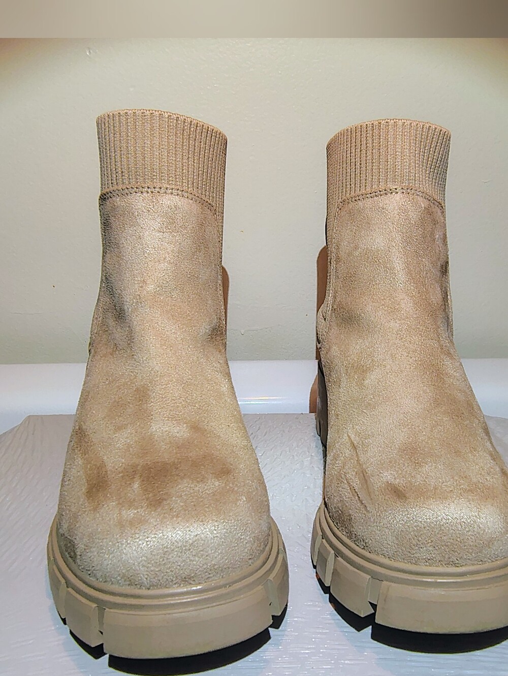 Fitory Chunky Lug Sole Chelsea Boots Taupe Suede Sock Knit Sz 11